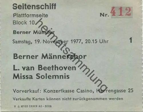 Schweiz - Bern - Berner Münster - Berner Männerchor - Eintrittskarte