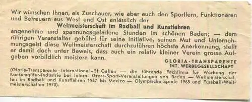 Schweiz - Baden - Sporthalle zur Aue-Baden - Weltmeisterschaften im Radball und Kunstfahren 1967 - Eintrittskarte
