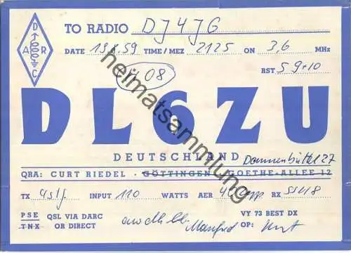 QSL - Funkkarte - DL6ZU - Göttingen - 1959