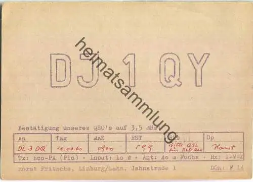 QSL - Funkkarte -DJ1QY - Limburg an der Lahn - 1960