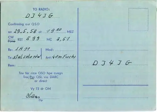 QSL - Funkkarte - DJ4NU - Hannover - 1958