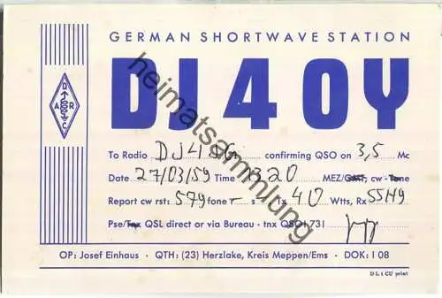 QSL - Funkkarte - DJ4OY - Herzlake - 1959