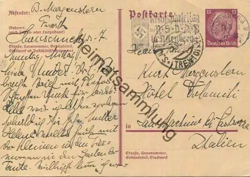 DR P222 - Auslandskarte - Bedarfskarte nach Italien 20.08.1934 - Maschinenstempel Reichsparteitag der NSDAP in Nürnberg