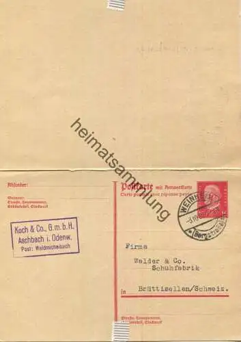 DR P184 - Auslandskarte - Bedarfskarte in die Schweiz 3.10.1932 - angetrennt