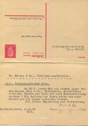 DR P184 - Auslandskarte - Bedarfskarte in die Schweiz 3.10.1932 - angetrennt