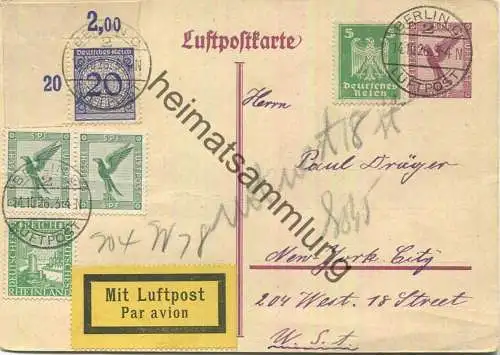 DR P168 - Luftpostkarte - Zusatzfrankatur - Grusstext nach New York 14.10.1926