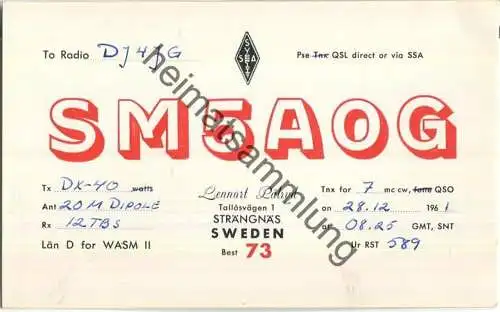 QSL - Funkkarte - SM5AOG - Sweden - Strängnäs - 1961