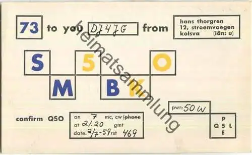 QSL - Funkkarte - SM5BKO - Sweden - Kolsva - 1959