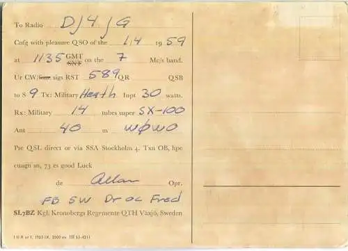 QSL - Funkkarte - SL7BZ - Sweden - Växjö - 1959