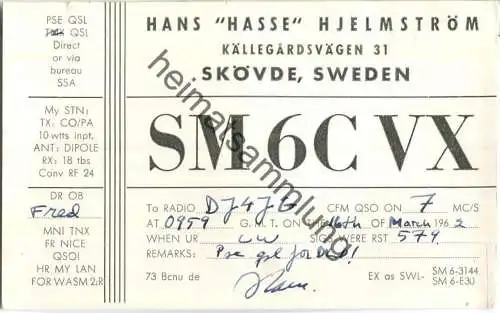 QSL - Funkkarte - SM6CVX - Sweden - Skövde - 1962