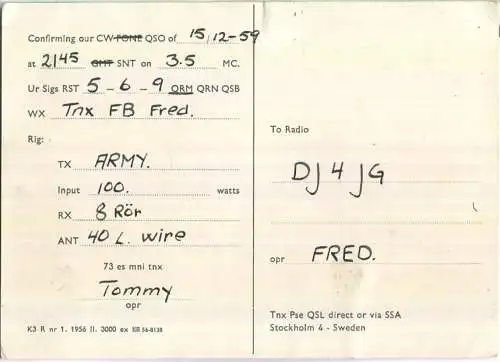 QSL - Funkkarte - SL6CY - Sweden - Army - 1959