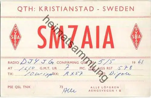 QSL - Funkkarte - SM7AIA - Sweden - Kristianstad - 1961