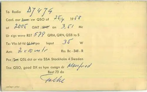 QSL - Funkkarte - SM7CFB - Sweden - Karlskrona - 1958