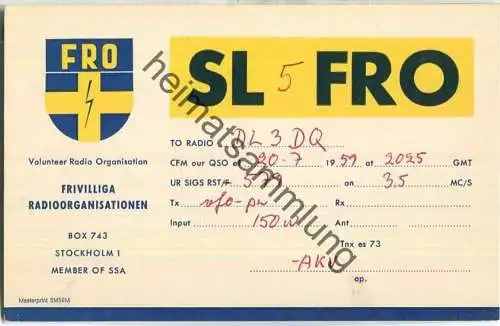 QSL - Funkkarte - SL5FRO - Sweden - Stockholm - 1959