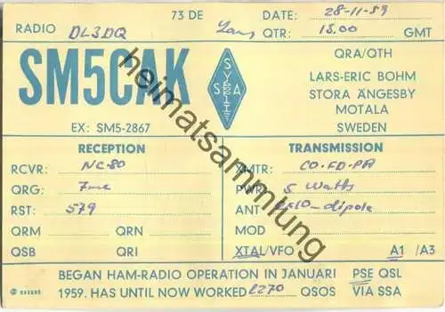 QSL - Funkkarte - SM5CAK - Sweden - Motala - 1959