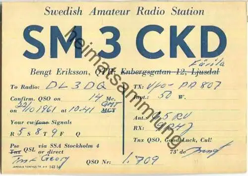 QSL - Funkkarte - SM3CKD - Sweden - Färila - 1961