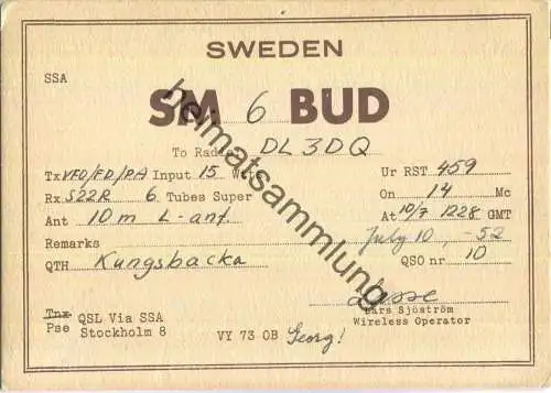 QSL - Funkkarte - SM6BUD - Sweden - Kungsbacka - 1952