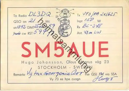 QSL - Funkkarte - SM5AUE - Sweden - Stockholm - 1959