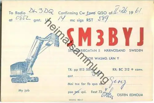 QSL - Funkkarte - SM3BYJ - Sweden - Härnösand - Bagger - 1961