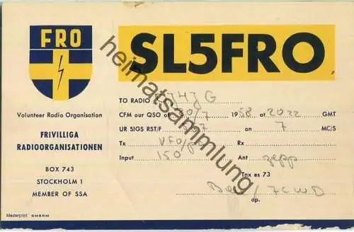 QSL - Funkkarte - SL5FRO - Sweden - Stockholm - 1958