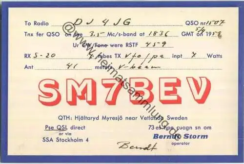 QSL - Funkkarte - SM7BEV - Sweden - Hjältaryd Myresjö - 1958