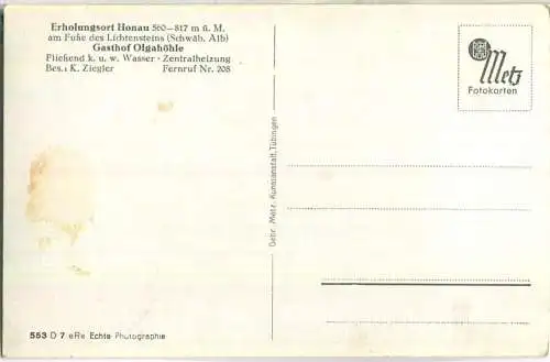 Honau - Olgahöhle am Fusse des Schlosses Lichtenstein - Foto-Ansichtskarte - Verlag Gebr. Metz Tübingen