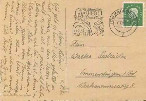 Karlsruhe - Marktplatz - AK Grossformat gel. 1960