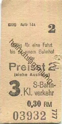 Deutschland - Berlin S-Bahnverkehr - Gültig zu einer Fahrt bis zu einem Bahnhof der Preisstufe 2 - 3. Klasse -.30RM