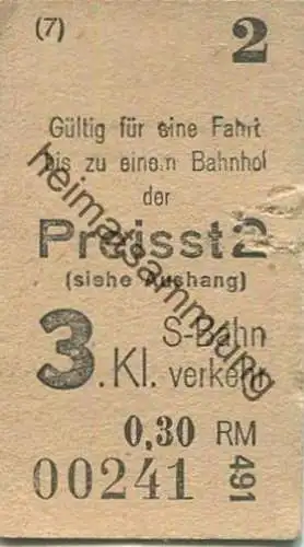 Deutschland - Berlin S-Bahnverkehr - Gültig zu einer Fahrt bis zu einem Bahnhof der Preisstufe 2 - 3. Klasse -.30RM