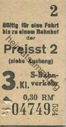 Deutschland - Berlin S-Bahnverkehr - Gültig zu einer Fahrt bis zu einem Bahnhof der Preisstufe 2 - 3. Klasse -.30RM