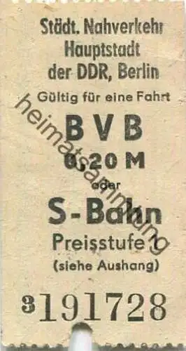 Deutschland - Berlin BVB oder S-Bahn-Fahrkarte - Städtischer Nahverkehr - Hauptstadt der DDR Berlin - Gültig für eine Fa