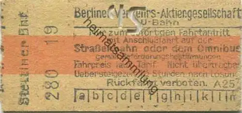 Deutschland - Berlin U-Bahn Fahrkarte - Berliner Verkehrs-Aktiengesellschaft - Stettiner Bahnhof