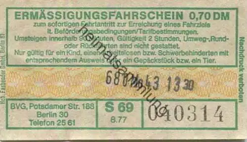 Deutschland - Berlin - BVG Ermässigungsfahrschein 1977