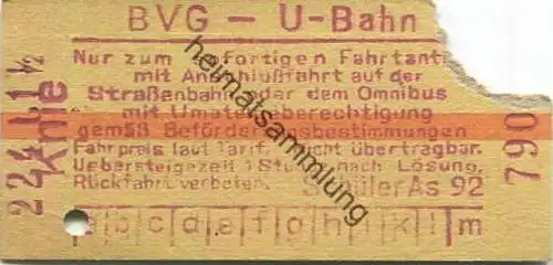 Deutschland - Berlin - BVG - U-Bahn Fahrkarte mit Anschlussfahrt auf der Strassenbahn oder dem Omnibus - Knie 30er Jahre