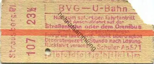 Deutschland - Berlin - BVG - U-Bahn Fahrkarte mit Anschlussfahrt auf der Strassenbahn oder dem Omnibus - Strausberger Pl