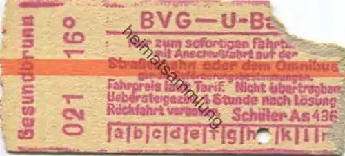 Deutschland - Berlin - BVG - U-Bahn Fahrkarte mit Anschlussfahrt auf der Strassenbahn oder dem Omnibus - Gesundbrunnen 3