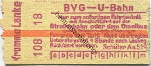 Deutschland - Berlin - BVG - U-Bahn Fahrkarte mit Anschlussfahrt auf der Strassenbahn oder dem Omnibus - Krumme Lanke 30
