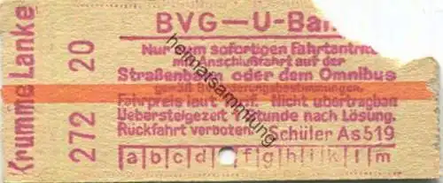 Deutschland - Berlin - BVG - U-Bahn Fahrkarte mit Anschlussfahrt auf der Strassenbahn oder dem Omnibus - Krumme Lanke 30