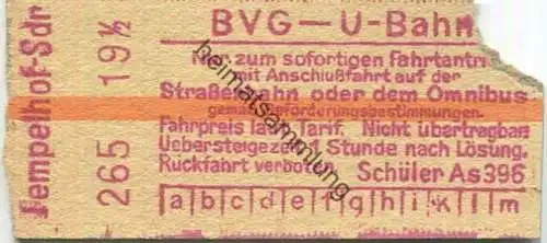 Deutschland - Berlin - BVG - U-Bahn Fahrkarte mit Anschlussfahrt auf der Strassenbahn oder dem Omnibus - Tempelhof Südri