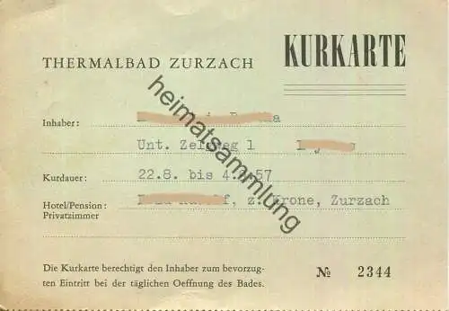 Schweiz - Thermalbad Zurzach - Kurkarte 1957