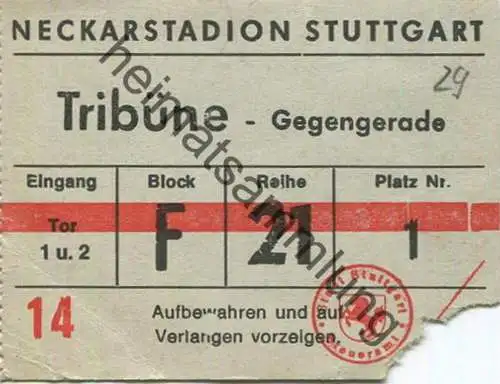 Deutschland - Stuttgart - Neckarstadion - Tribüne Gegengerade - Eintrittskarte