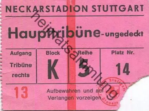 Deutschland - Stuttgart - Neckarstadion - Haupttribüne - Eintrittskarte
