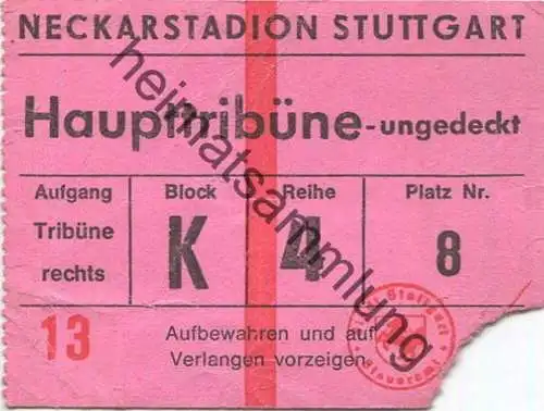 Deutschland - Stuttgart - Neckarstadion - Haupttribüne - Eintrittskarte