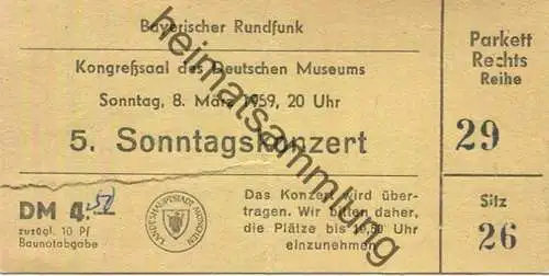 Deutschland - München - Bayerischer Rundfunk - Kongresssaal des Deutschen Museums - Eintrittskarte 1959