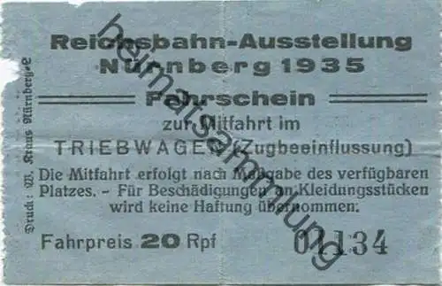 Deutschland - 100 Jahre deutsche - Eisenbahnen - Reichsbahn Ausstellung - Nürnberg 1935 - Fahrschein zur Mitfahrt im Tri