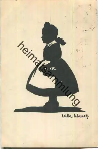 Mädchen mit Korb - Hessen-Karte nach Scherenschnitt von Erika Schenck Nr. 4 - Verlag Max Voigt Marburg