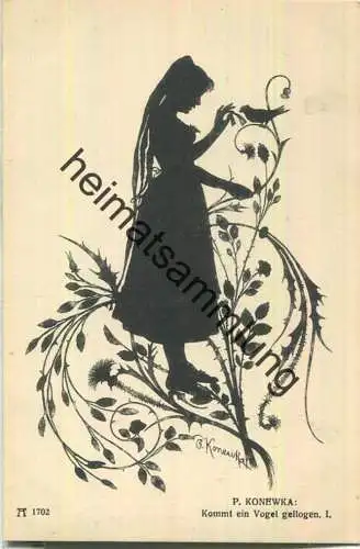 Kommt ein Vogel geflogen I. - signiert P. Konewka Silhouetten IV. - Verlag F. A. Ackermann München