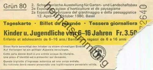 Schweiz - Basel - Grün 80 - Tageskarte Kinder und Jugendliche - Eintrittskarte