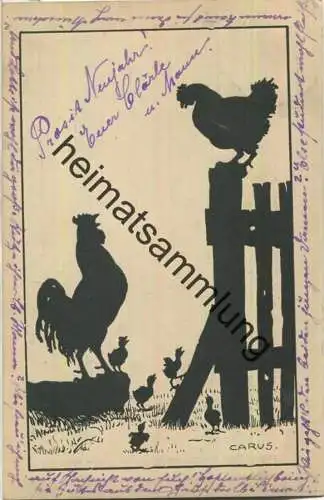 Gärtner und Vogelfamilie - Schattenbildkarte signiert Carus - Verlag Berliner Tierschutz-Verein Tempelhofer Ufer 36