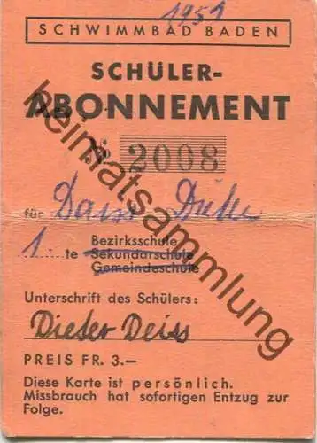 Schweiz - Baden - Schwimmbad Baden - Schüler Abonnement 1951